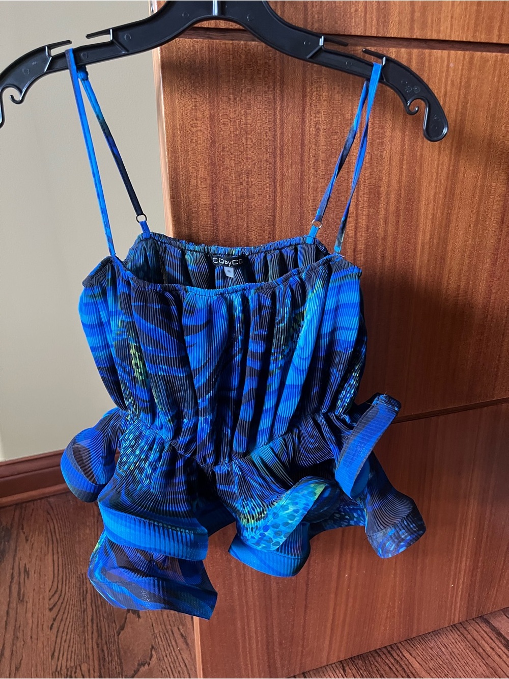 Blue Patterned Ruffle Camisole with Adjustable Straps